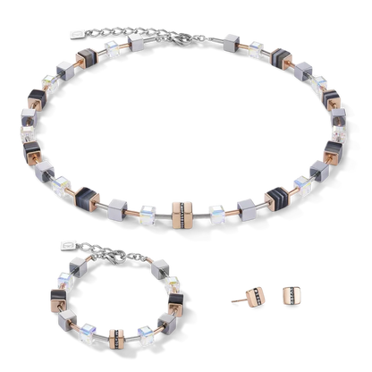 Coeur de Lion Halskette GeoCUBE® Edelstahl & Kristall Pavé, Swarovski® Kristalle & Streifen-Onyx roségold-schwarz - 4965/10-1630
