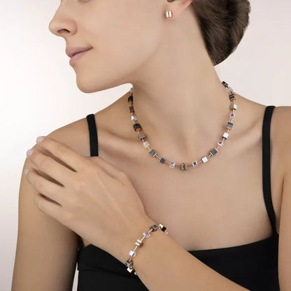 Coeur de Lion Halskette GeoCUBE® Edelstahl & Kristall Pavé, Swarovski® Kristalle & Streifen-Onyx roségold-schwarz - 4965/10-1630