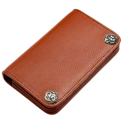 A classic and durable biker wallet featuring two unique, custom sterling silver flame conchos.