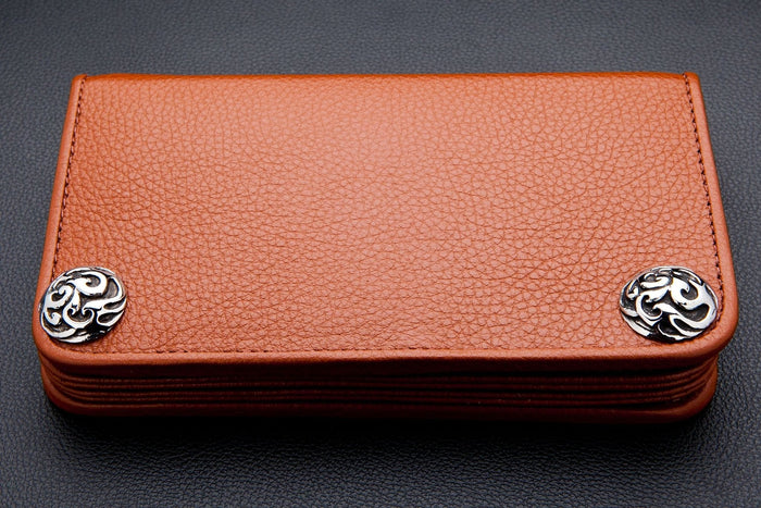 A traditional long wallet specifically designed for a biker chain, made from premium textured cowhide leather.