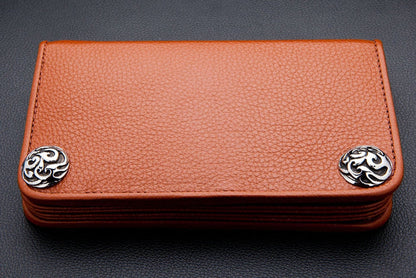 A traditional long wallet specifically designed for a biker chain, made from premium textured cowhide leather.