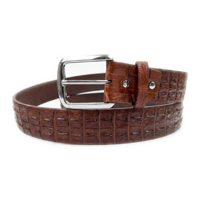 Cognac brown crocodile backbone belt coiled on white, showing the silver prong buckle and raised double-row hornback scales