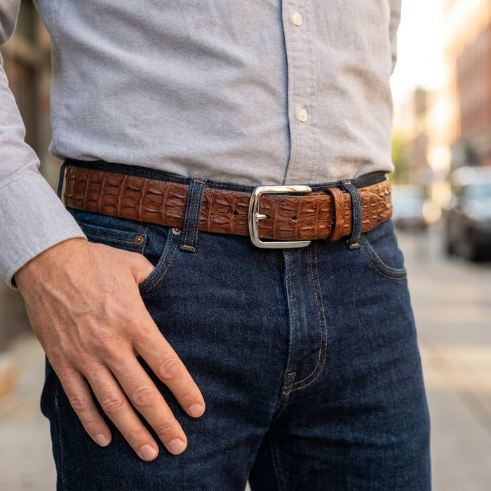Man wearing the cognac crocodile belt through dark denim jeans with a light blue shirt and silver buckle
