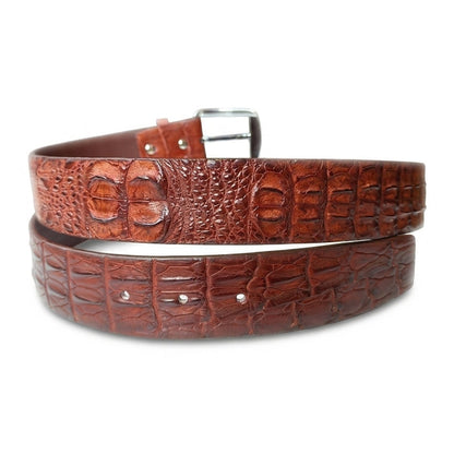 Double row of raised crocodile backbone scales running down the center of the cognac brown leather belt strap