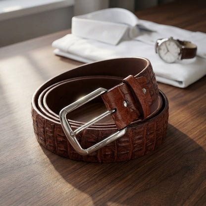 Styled cognac crocodile belt coiled on a walnut desk beside a folded white shirt and a wristwatch