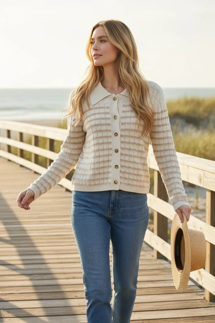 Cream-colored textured collared striped button up knit cardigan