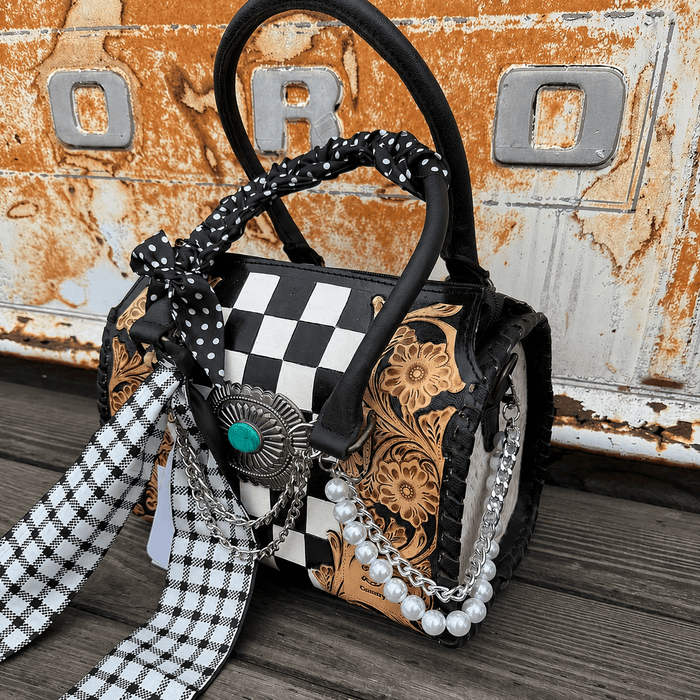 Concho Tooled Leather Checkerboard Handbag