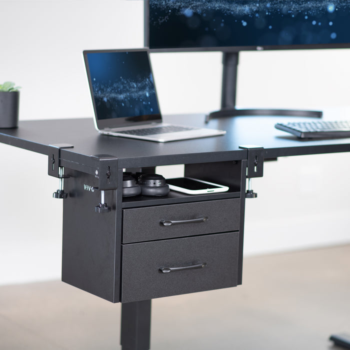 Clamp-on corner desk storage system with two pull-out drawers and open top shelf surface.