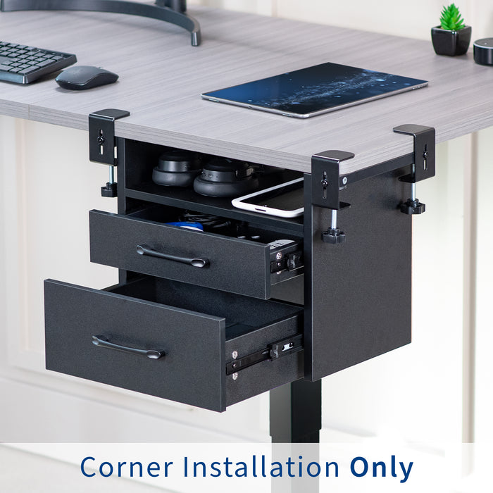 Clamp-on corner desk storage system with two pull-out drawers and open top shelf surface.