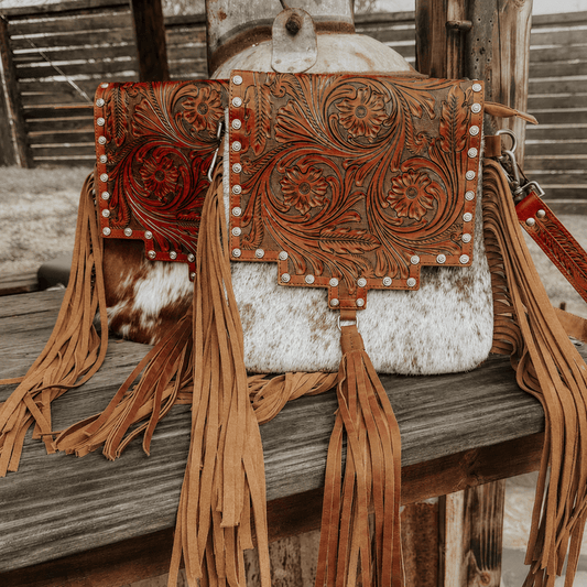 Cowhide Tooled Leather Fringe Crossbody Bag
