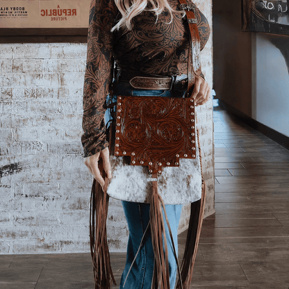 Cowhide Tooled Leather Fringe Crossbody Bag