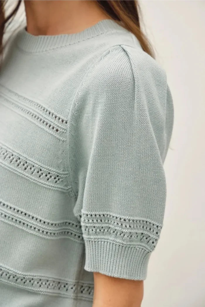 A soft mint green knitted crochet striped puff sleeve sweater with delicate lace patterns on sleeves and body