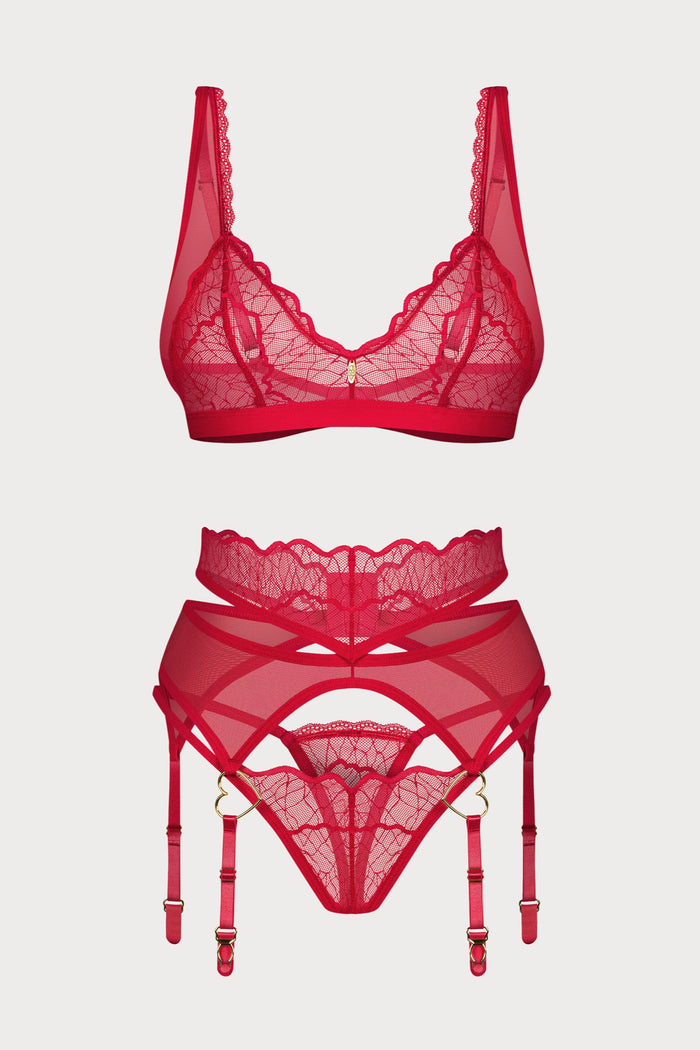 Obsessive Cupide Desir Red Lace Three Piece Lingerie Set