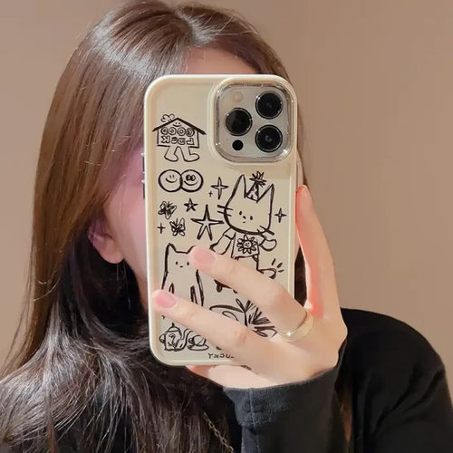 arafed woman taking a selfie with her phone while holding a camera