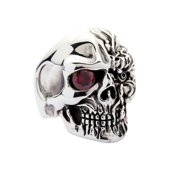 Sterling silver terminator skull ring showing polished human skull side with empty eye socket