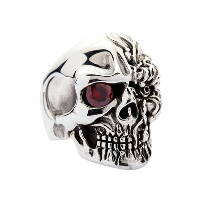 Sterling silver terminator skull ring showing polished human skull side with empty eye socket