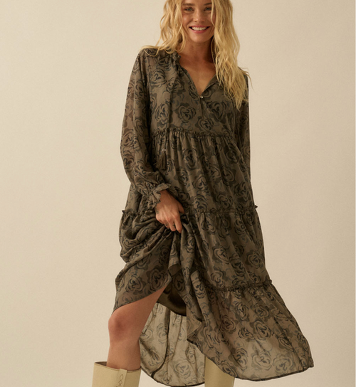 D Floral Tiered Ruffle Bubble Sleeve Midi Dress