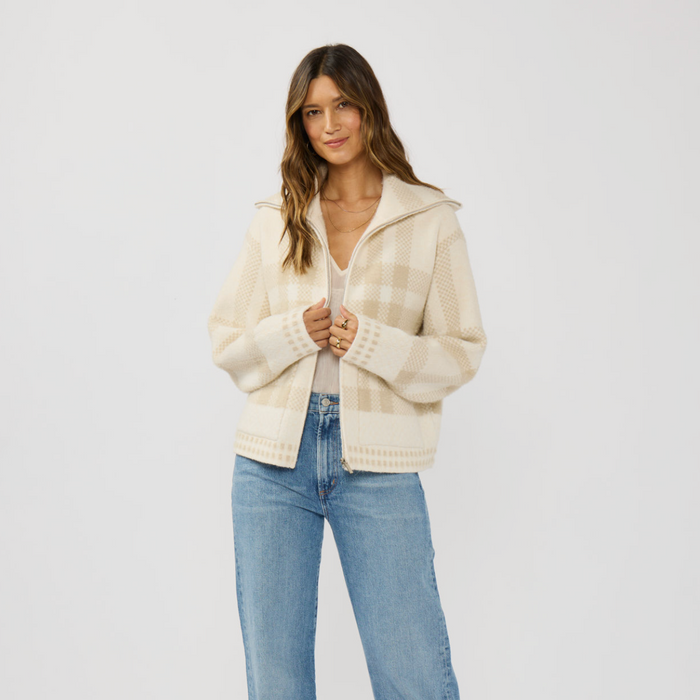 D Plaid Knit Zip-Up Bomber Jacket