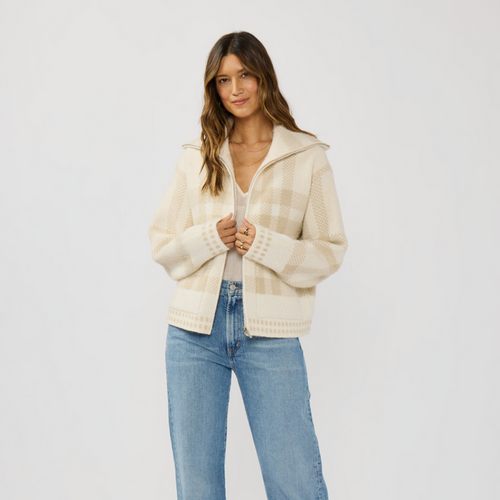 D Plaid Knit Zip-Up Bomber Jacket
