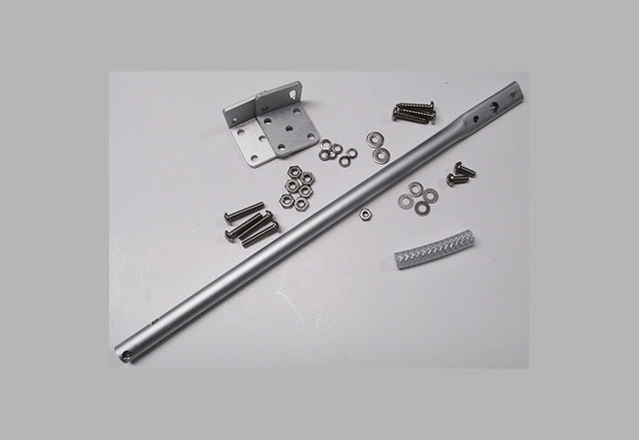 Metal rod, brackets, and screws of Deluxe Universal Masthead Mound for WindTrak wind indicators on a white background