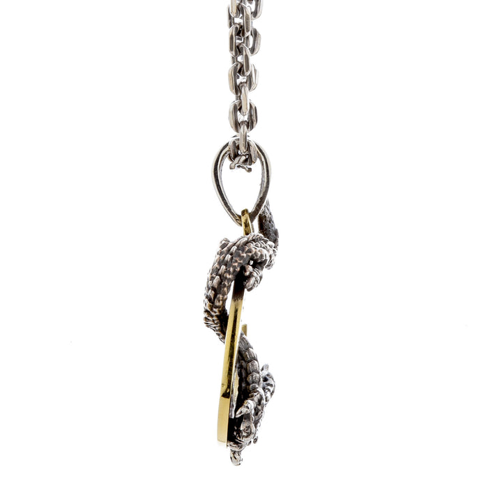 Close-up side view of a textured, oxidized sterling silver dragon pendant wrapped around a golden brass crescent moon, hanging from a silver chain
