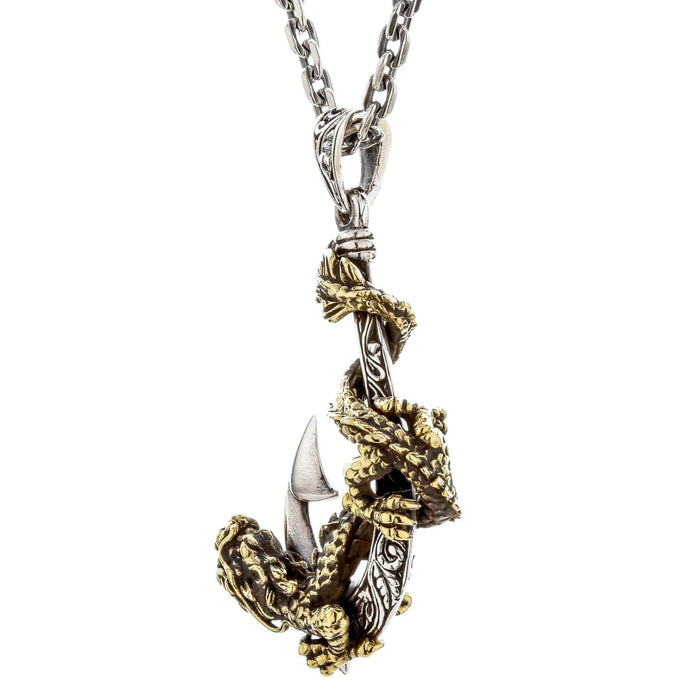 A side profile of the Eastern dragon fish hook pendant on a chain.