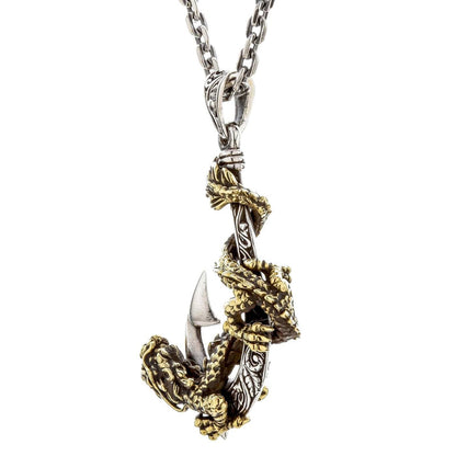 A side profile of the Eastern dragon fish hook pendant on a chain.