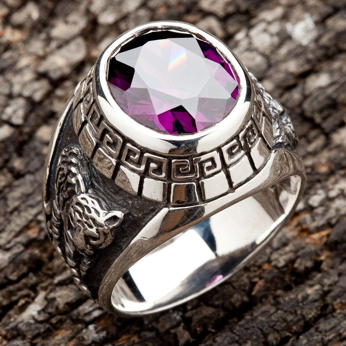 A men's dragon and tiger yin yang ring, handcrafted from sterling silver with a large purple amethyst CZ stone.