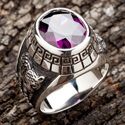 A men's dragon and tiger yin yang ring, handcrafted from sterling silver with a large purple amethyst CZ stone.