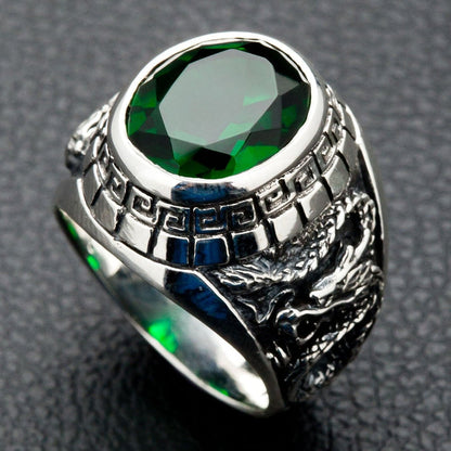 A piece of Japanese mythology jewelry for men, this ring symbolizes the balance of the dragon and tiger with a green stone.