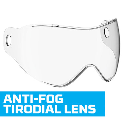 Clear visor with anti-fog Tirodial lens on a white background