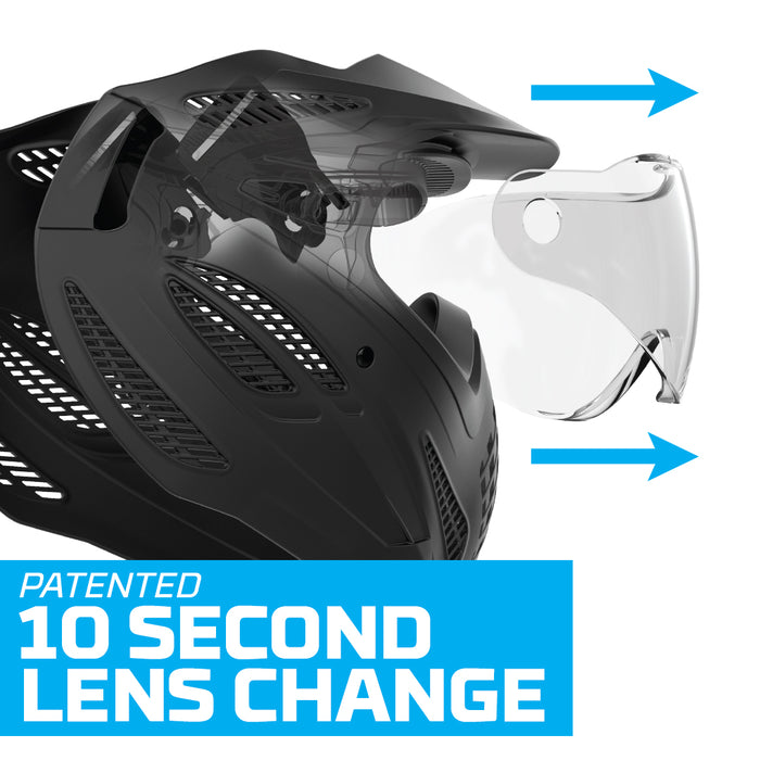 Black paintball mask with clear lens and text about patented 10-second lens change on a white background