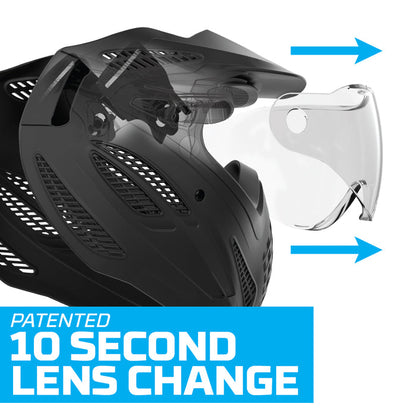 Black paintball mask with clear lens and text about patented 10-second lens change on a white background