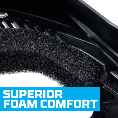 Close-up of a black foam pad with text 'Superior Foam Comfort' on a white background