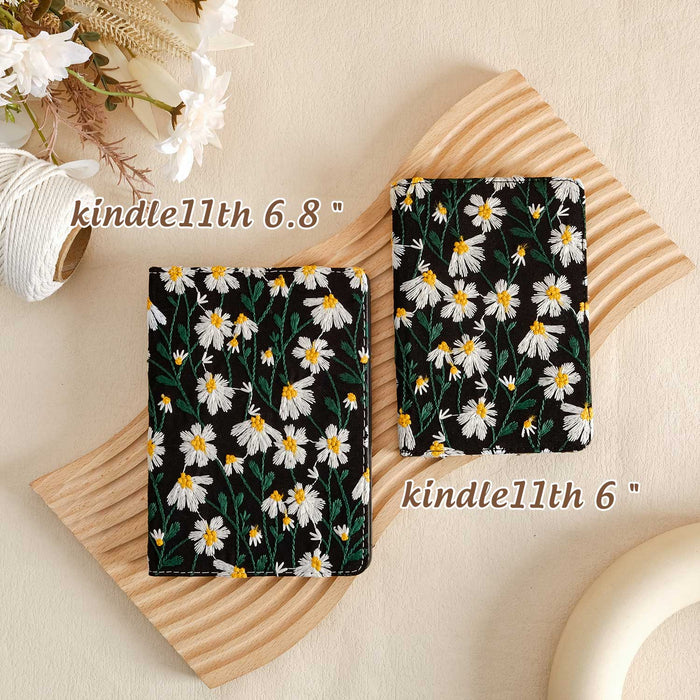 Embroidered Daisy Kindle Case - Black