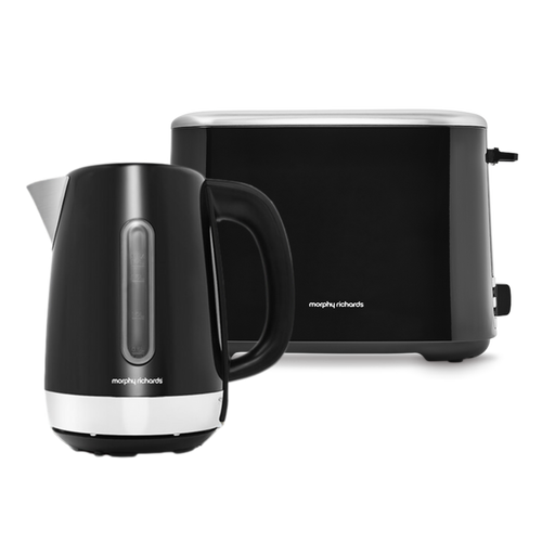 A black Equip brand electric kettle and toaster set on a white background.