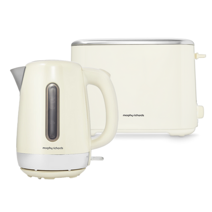 A white Equip brand electric jug kettle and a 2-slice toaster set, both with a sleek design.