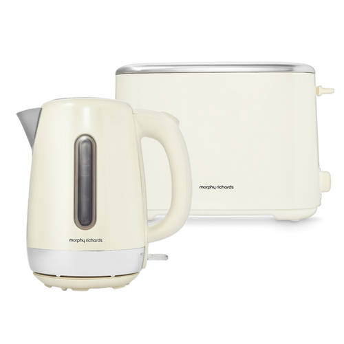 A white Equip brand electric jug kettle and a 2-slice toaster set, both with a sleek design.