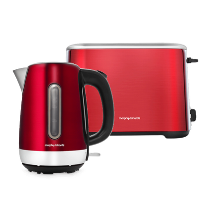 A red Morphy Richards kettle and toaster set, with the Equip brand visible on the appliances.