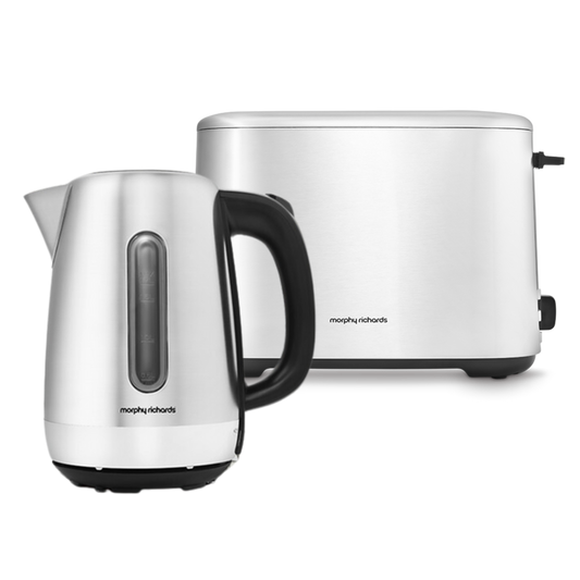 A silver Equip brand kettle and toaster set on a white background, showcasing the stainless steel design of the appliances.