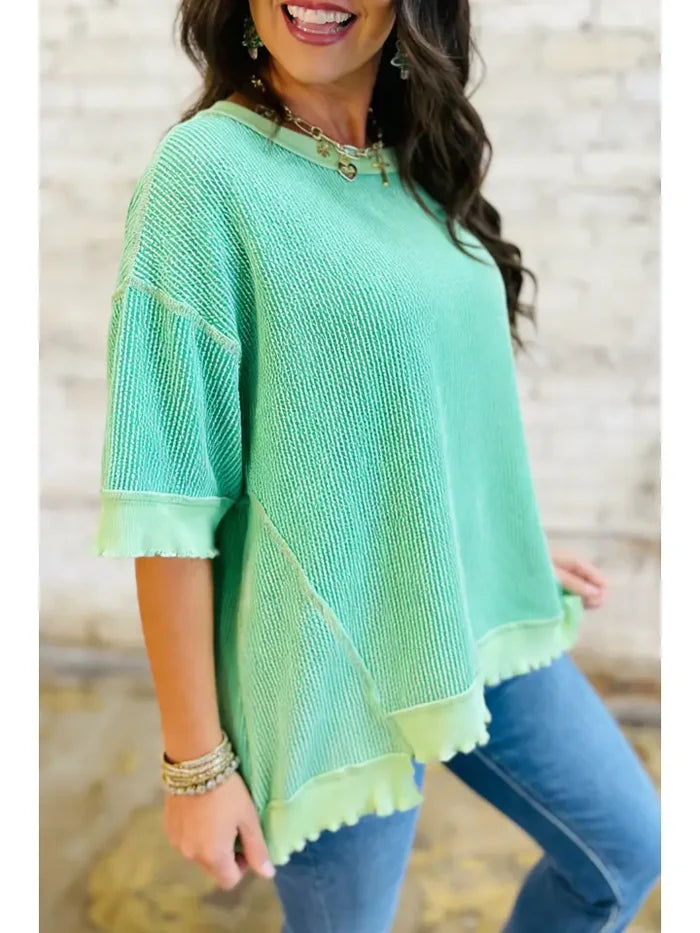 Fashion Loose Uneven Hem Twist Ribbed T Shirt