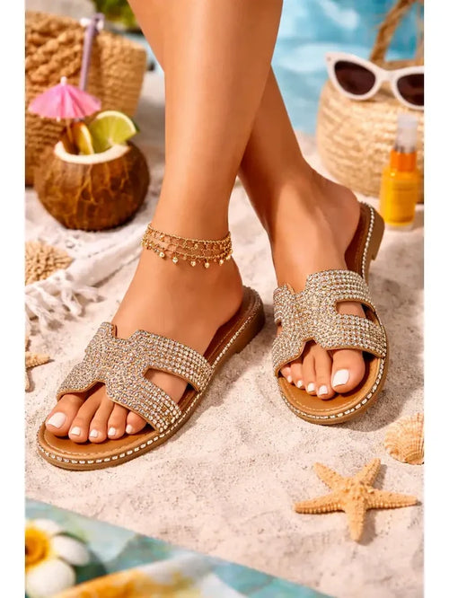 Flat Glam Rhinestone H Cut Studded Slide Sandal