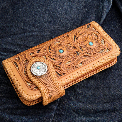Indian Floral Carved Light Brown Genuine Leather Biker Wallet [2]