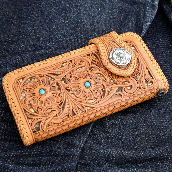 Indian Floral Carved Light Brown Genuine Leather Biker Wallet [3]