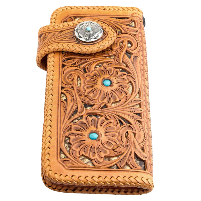 Indian Floral Carved Light Brown Genuine Leather Biker Wallet [4]