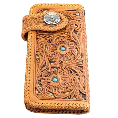 Indian Floral Carved Light Brown Genuine Leather Biker Wallet [4]