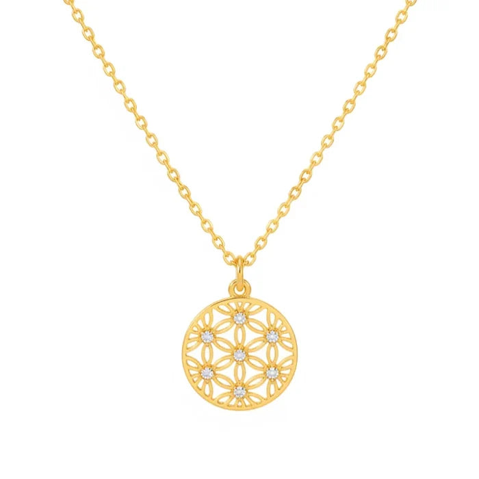 Gold flower coin pendant necklace with crystal floral design
