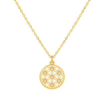Gold flower coin pendant necklace with crystal floral design
