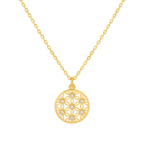 Gold flower coin pendant necklace with crystal floral design