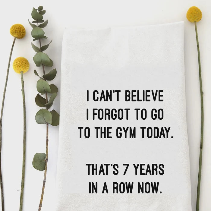 Humorous hand tea towel featuring a witty design for the gym enthusiast
